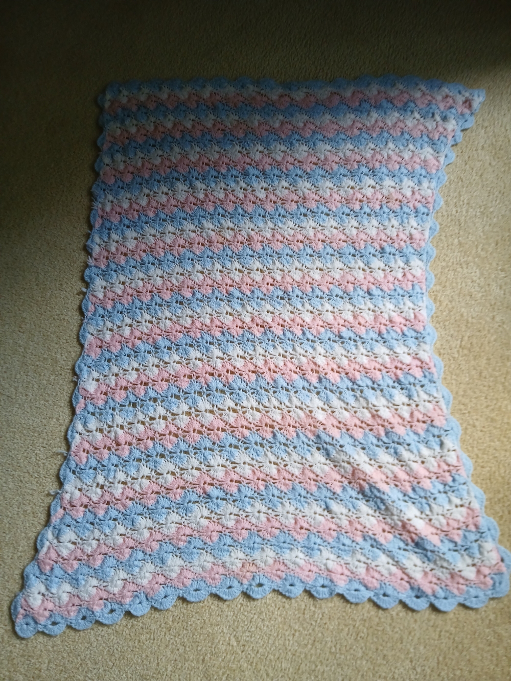 Handmade Pastel Blue, Pink & Cream Crochet Baby Blanket 44X32